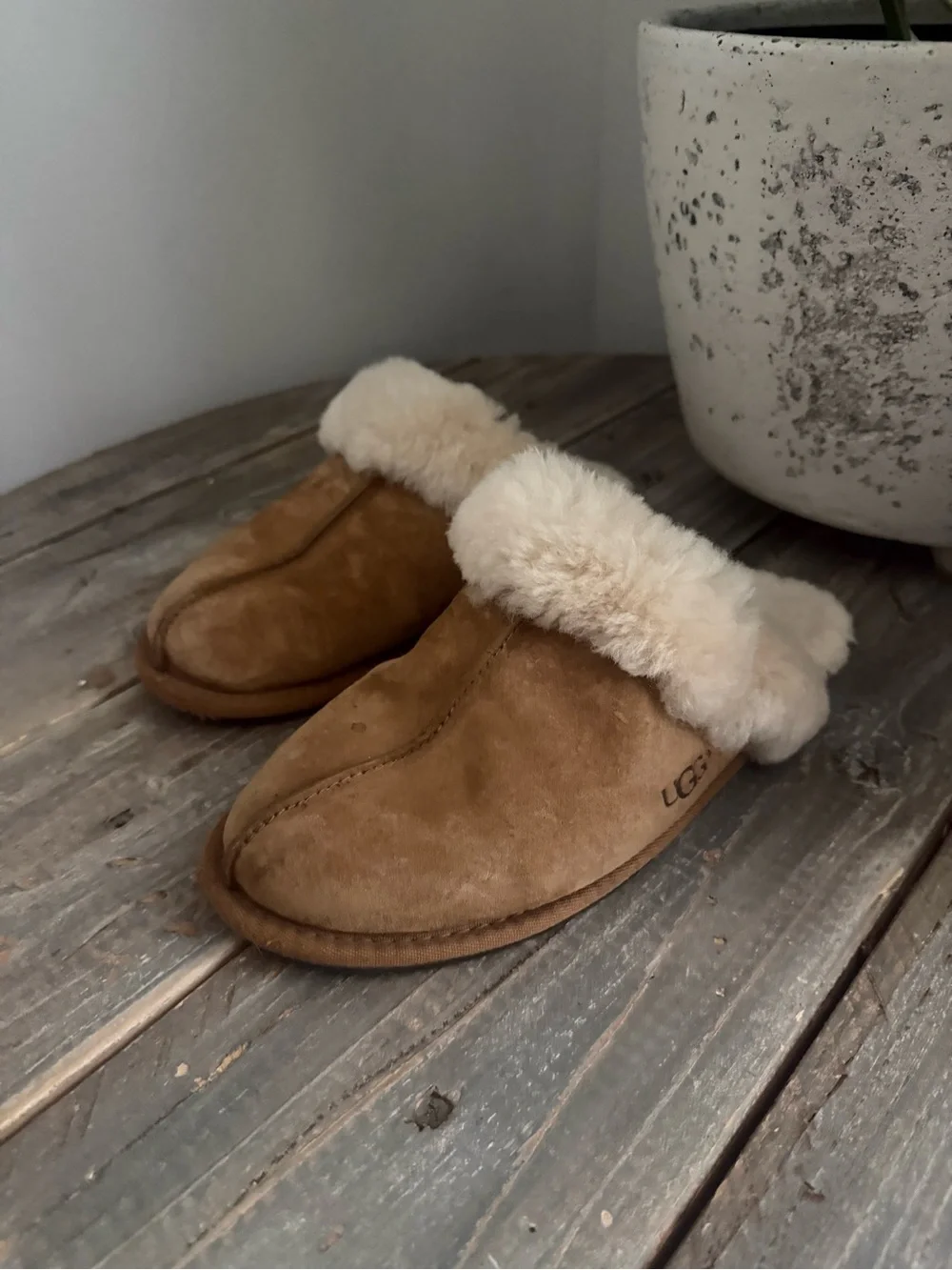 UGG Chestnut Suede Shearling Cuff Slip-On Slippers